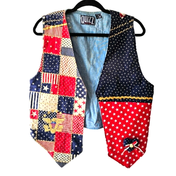 Vintage RARE Handmade Quilted Denim Patriotic USA American Flag Vest Festive - Picture 2 of 9